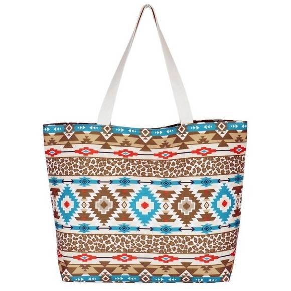 NEW JUDSON & CO. leopard and aztec print canvas tote bag in turquoise/brown - Picture 1 of 3